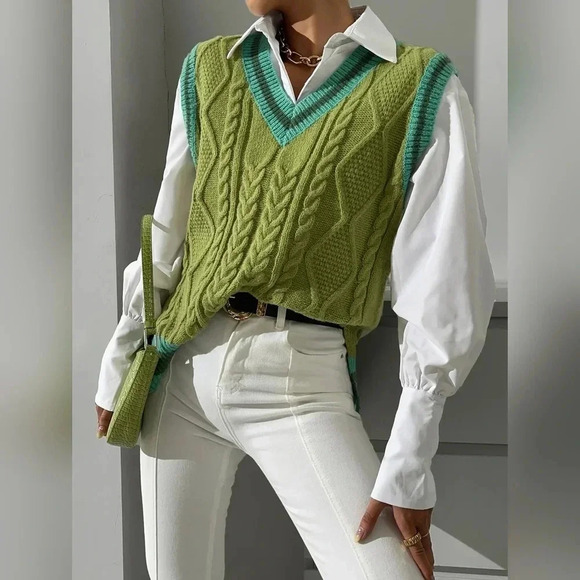 Striped Trim Split Hem Sweater Vest Without Blouse - Picture 3 of 7